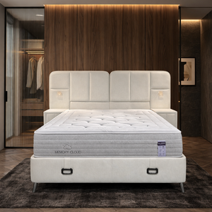 Base de lit rembourrée Mundo Bedding avec rangement, tête de lit à chargement sans fil, levage hydraulique, tailles et couleurs personnalisables, panneau MDF, confort B2B - Product Image 2