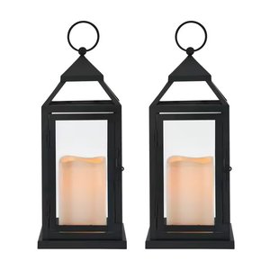 Set di 2 nero opaco finito in metallo/vetro lanterna candela per interni casa e decorazione del giardino appendere lanterne