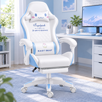 Fauteuil de jeu moderne blanc et bleu en PVC avec repose-pieds, accoudoirs intégrés, coussins et fonction inclinable pour bureaux à domicile, salles d'étude et salles de jeu