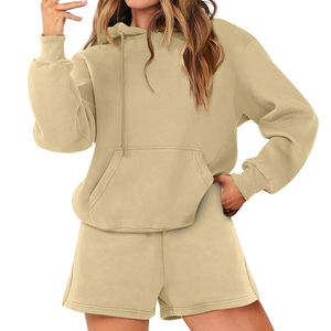 Quantité minimale de commande bas dames à capuche ensemble nouvelle mode confortable et léger couleur unie grande taille femmes sweats à capuche et shorts ensemble - Product Image 3