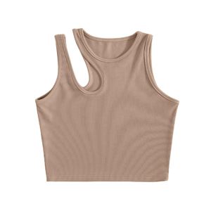 Débardeur respirant pour femme en tricot côtelé asymétrique col design ajusté sans manches avec découpes aux épaules longueur courte - Product Image 6