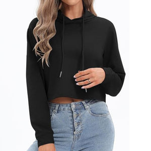 Haut court à capuche respirant et élégant pour femme, manches longues, couleur unie, style streetwear décontracté, 100 % coton - Product Image 5