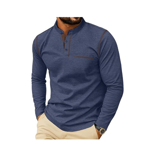 เสื้อลำลองแขนยาวของผู้ชายแบบกำหนดเอง | สไตล์เฮนลี่ย์คอจีนเย็บสีตัดกันและกระเป๋าด้านหน้า - Product Image 5