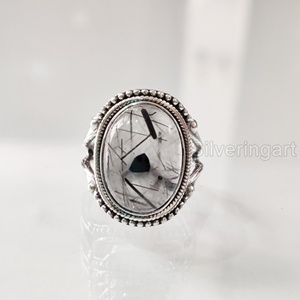 Anillo de Plata de Ley 925 para Mujer con Gema de Rutilo Negro Natural, Piedra de Nacimiento de Abril, Estilo Bohemio, Joyería Hecha a Mano para Navidad - Product Image 1
