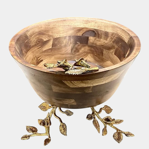 Bol en bois pour la décoration intérieure moderne Bol en bois d'acacia de qualité supérieure avec design en métal doré Ginkgo Vaisselle Saladier - Product Image 6