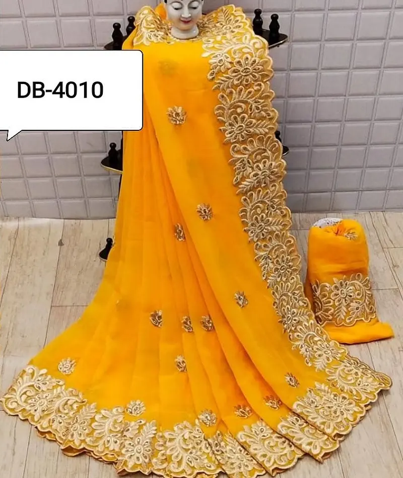 Chất liệu nhung Saree cổ điển nhung ren biên giới mới nhất thiết kế georgette lụa zari chuỗi công việc Saree cho bên mặc Sari