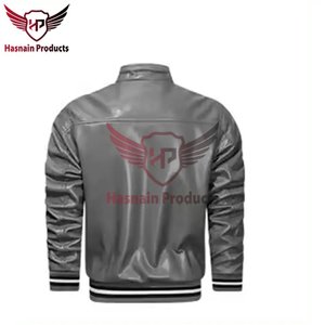 Blouson Bomber Homme en Cuir Véritable Gris, Col Montant, Manteau en Cuir de Vachette avec Bordure en Tricot Côtelé Rayé, Style Classique Personnalisé, Vêtement d'Extérieur Chaud pour l'Hiver - Product Image 3