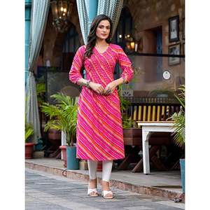 <b>Peach</b> Cotton Lehariya Straight Kurti Hand Drawn Printed Pakistani Style Salwar Kameez Party Wear Stitched Clothing - Product Image 1