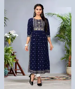 Heavy Traditional Wear Cotton Lucknowi Mirror Work Kurti Casual Wear and Daily Wear Rayon Printed Kurtis for women Fancy Top