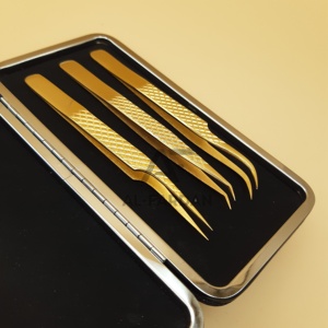 Pinzas Profesionales para Pestañas, Chapadas en Oro de 24k, con Agarre de Diamante de Color, Curvas y Rectas, para Extensión de Pestañas, con Estuche Magnético - Product Image 2