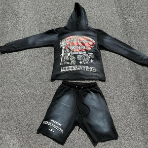 Ensemble pulls à capuche et shorts à logo personnalisé Streetwear Survêtement à capuche sérigraphie Vintage délavé à l'acide survêtement pour hommes - Product Image 5