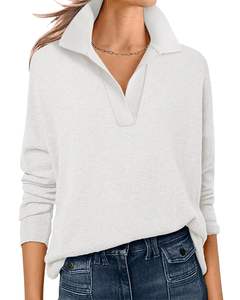 <b>Women</b> <b>White</b> Collared V Neck Knit Sweater Long Sleeve Loose Fit Soft Winter Pullover Casual Elegant Daily Wear Top For <b>Women</b> - Product Image 1