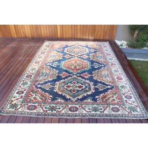 Alfombra Turca Vintage Grande de 6.46x9 pies (197x273 cm), Alfombra Azul con Estampado Animal - Product Image 1