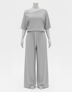 Wholesale Custom Women's Off-Shoulder <b>T</b>-<b>Shirt</b> and <b>Wide</b>-Leg Drawstring Pant Loungewear Set - Cotton Blend Casual Two-Piece Outfit - Product Image 1