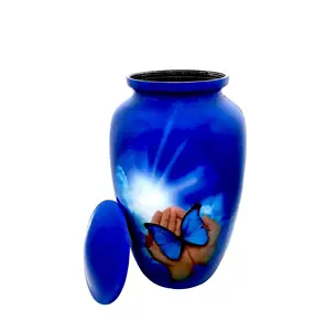 Cremation Urn Burial Lovely Hand Butterfly Design Large Size 26 cms high with Velvet Bag