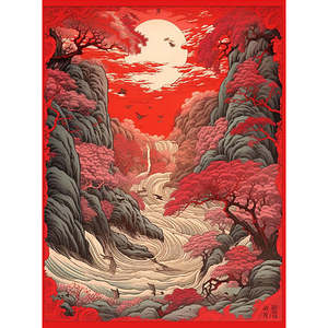 <b>Red</b> River Japanese Landscape Art Print Durable Paper <b>Material</b> - Product Image 1