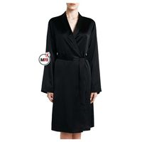 Bata de satén de seda 100% para mujer, manga larga, cuello con muescas, largo hasta la rodilla, elegante, para spa o dormir, color negro liso, manga completa, personalizada para mujer