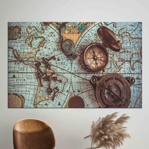 Impression sur toile de carte du monde antique : Art mural avec boussole en laiton, TOILE ENVELOPPEE - Product Image 1