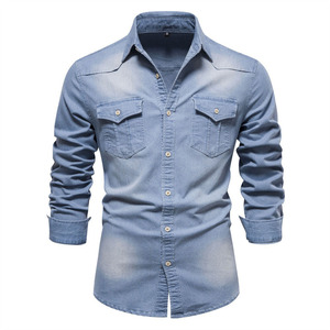 Men Spring Denim <b>Shirts</b> Cotton Long Sleeve Soft Double Pockets Slim Elastic Jeans Blue Non-ironing Tops <b>Cowboy</b> Clothing <b>Shirts</b> - Product Image 5