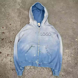 Sudadera con Capucha Extra Grande de Estilo Desgastado con Lavado Ácido Personalizada, Sudadera con Capucha para Hombre con Efecto Desgastado y Decoración de Cremallera - Product Image 1