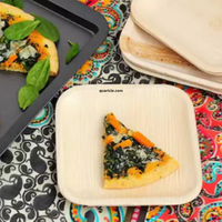 Assiettes carrées populaires en bois de palmier d'arec biodégradable beige de 9 pouces, non toxiques, jetables, résistantes au réfrigérateur, pour restaurants et mariages