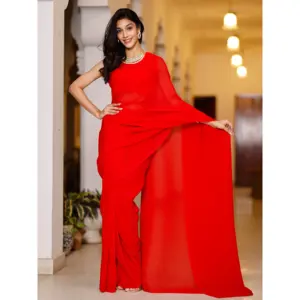 Vestido Rojo Elegante Estilo Sari con Drapeado, Atuendo Sofisticado para Oficina, Ropa Étnica para Mujer - Product Image 3