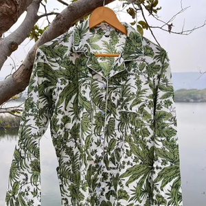 Ensemble de pyjama indien 100% coton fait à la main de style luxe imprimé feuille chemise décontractée pantalon vêtements de nuit en tissu tissé pour femmes - Product Image 1