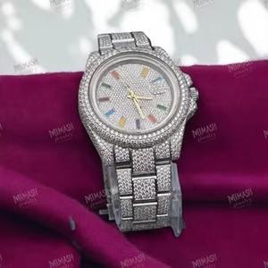 นาฬิกาสีเงินสุดเท่พร้อมเครื่องหมายบอกชั่วโมงสีรุ้งหน้าปัดและกรอบนาฬิกาสุดหรูสำหรับทุกเพศเครื่องประดับแฟชั่นฮิปฮอป - Product Image 2