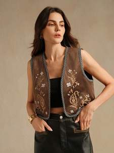 Chaqueta Corta Estilo Bohemio Indio Vintage con Bordado Floral, Chaleco de Estilo Dulce - Product Image 3