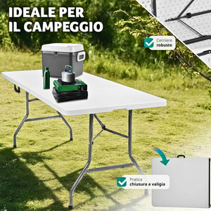 Tavolo rettangolare pieghevole 180x74x74 cm resistente bianco HDPE plastica per la ristorazione giardino campeggio all'aperto - Product Image 3