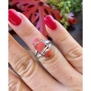 Navajo Made Multi-Stone Geometric Pattern <b>Ring</b> Coral <b>Opal</b> Rhodium Plated Sterling <b>Silver</b> Inlay Size 7 Perfect Gift Platinum Main - Product Image 2