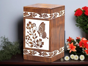 Handmade Sheesham Wood Cremation Urn Butterfly & Floral Inlay <b>Keepsake</b> <b>Box</b> Cremation urns For Adult Ashes - Product Image 3