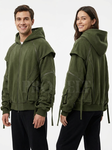 Custom Puff Printed Logo Design Hoodie <b>Jacket</b> with Zipper Front <b>Cargo</b> Pockets Casual Zip-Up Adjustable Drawstrings Hoodies - Product Image 5