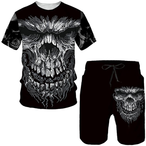 Novedad gótica calavera 3D estampado camiseta/traje verano hombres Cool estilo Punk camisetas + Pantalones cortos conjunto personalidad Hip Hop Streetwear chándal - Product Image 2