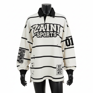 Camiseta de Rugby para Hombre, Algodón Grueso, 240 GSM, Diseño de Paneles con Rayas Blancas y Negras, Bordado, Impresión de Logotipo Personalizado, Absorbe la Humedad - Product Image 6