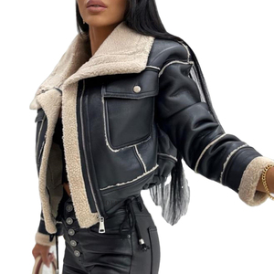 Chaqueta de Moto para Mujer, Negra, Forrada con Piel de Oveja, de Secado Rápido, con Cierre de Cremallera, Cuello Alto, Manga Larga, Estilo Invernal - Product Image 1