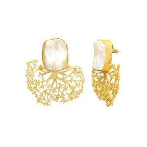 Boucles d'oreilles clous ethniques plaquées or pour femmes, avec perles d'huîtres d'eau douce, en laiton, motif feuille longue, pour occasions spéciales et anniversaires - Product Image 2