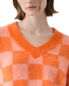 Custom Orange Checkered Women V Neck Knit Sweater Soft Fuzzy Fabric <b>Long</b> Sleeve Winter Casual Cropped Pullover Fashion Top - Product Image 5