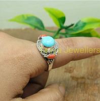 Bague en turquoise d'Arizona, bague en corail rouge, bague en argent sterling 925, bague de conception artisanale, bague statement