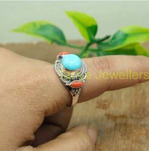 แหวนเทอร์ควอยซ์แอริโซนา แหวนปะการังแดง แหวนเงินแท้ 925 แหวนดีไซน์แฮนด์เมด แหวนสเตทเมนท์ - Product Image 2