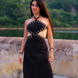 Vestido Maxi Halter Negro con Aberturas para Mujer, Estilo Bohemio, Hecho a Mano, con Detalles Étnicos Tribales, de Algodón, para Playa, Verano - Product Image 1