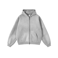 Sudadera con capucha corta de algodón de doble capa de alta calidad para invierno, de peso pesado, estilo boxy, con cremallera completa, para hombre, de felpa francesa, con lavado ácido.