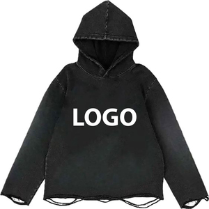 Déchiré bord hommes à capuche décontracté Grunge Streetwear pull Logo personnalisé impression 100% coton matériel Streetwear en détresse sweats à capuche - Product Image 3