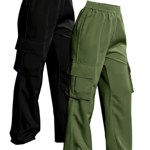 Pantalon cargo jogger uni pour femme, taille mi-haute élastique avec cordon de serrage, respirant, écologique, séchage rapide, poches à rabat, idéal pour l'été - Product Image 1
