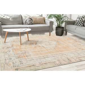 Tapis beige à motifs médaillon - Tapis d'entrée turc bohème, tapis doux non tissé - Product Image 1