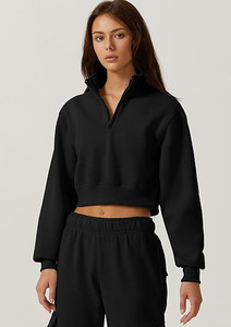 Femmes élégant court à capuche col roulé sweat à la mode automne Streetwear fermeture éclair tissé demi-fermeture éclair avant Logo 100% coton - Product Image 4