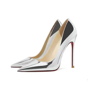 Zapatos de Novia Rojos Brillantes con Tacón Alto de 8cm-12cm, Diseño Sólido, Plantilla de PU, Punta en Pico, para Bodas - Product Image 1