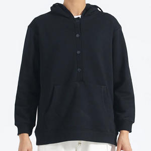 Women's 100% Cotton <b>Fleece</b> <b>Hoodie</b> Button Design Drop-Shoulder Streetwear With Hooded Collar <b>Lined</b> for Autumn and Winter Season - Product Image 1