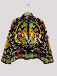Abrigo con Cuello Mandarín Bordado a Mano con Diseño Floral, Talla Grande, Estilo Bohemio Informal para Mujer, Ropa Exterior de Otoño con Cierre de Cremallera y Manga Larga - Product Image 2