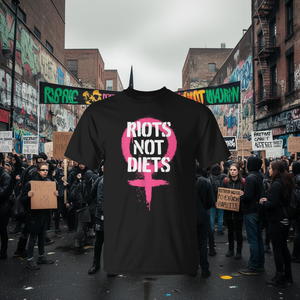 Camiseta gráfica punk feminista con estampado de Riots Not Diets, negra, unisex, cuello redondo, manga corta, serigrafía - Product Image 3
